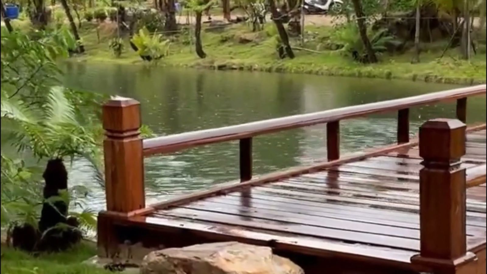 Cầu gỗ bắc qua mặt hồ